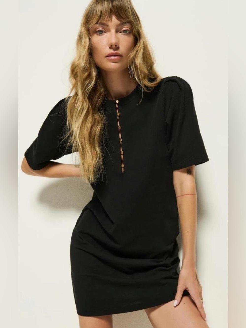 Nation LTD Black Midi Button-Front Short-Sleeve Dress